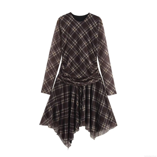 Women's Plaid Mesh Long Sleeve Midi Dress Ruffled Waist Asymmetric Hem Sexy Bodycon Streetwear Party Club Wear Cocktail Dress
