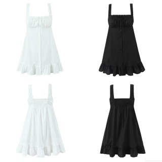 Women's Spaghetti Strap Mini Dress Ruched Drawstring Square Neck Button Front A-Line Ruffle Hem Polyester Cotton Blend Sleeveless Short Dress For Summer Beach Party Dating