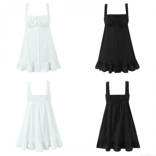 Women's Spaghetti Strap Mini Dress Ruched Drawstring Square Neck Button Front A-Line Ruffle Hem Polyester Cotton Blend Sleeveless Short Dress For Summer Beach Party Dating