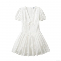French Retro White Cotton Hollow Out Embroidery V-Neck Mini Dress Women Summer Bubble Sleeve Tie Waist Sexy A-Line Vacation Party Short Dress