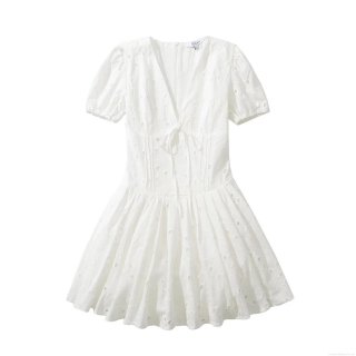 French Retro White Cotton Hollow Out Embroidery V-Neck Mini Dress Women Summer Bubble Sleeve Tie Waist Sexy A-Line Vacation Party Short Dress