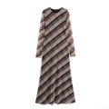 Women's Plaid Long Sleeve Mesh Maxi Dress Round Neck Patchwork Sheer Bodycon Long Dress for Party Streetwear Casual Brown Checkered A-Line Dress