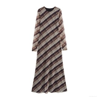 Women's Plaid Long Sleeve Mesh Maxi Dress Round Neck Patchwork Sheer Bodycon Long Dress for Party Streetwear Casual Brown Checkered A-Line Dress