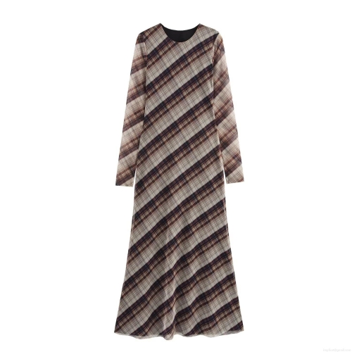 Women's Plaid Long Sleeve Mesh Maxi Dress Round Neck Patchwork Sheer Bodycon Long Dress for Party Streetwear Casual Brown Checkered A-Line Dress