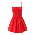 Women Sexy Red Off-the-shoulder Spaghetti Strap Mini Dress Smocked Pleated With Bow Tie Sleeveless Summer Party Streetwear Solid Color Polyester Dress