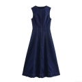 Women's Denim Midi Dress Sleeveless Round Neck Back Zipper A-Line Jean Dress With Contrast Stitching Casual Streetwear Western Style Slim Fit Indigo Blue Summer Dress
