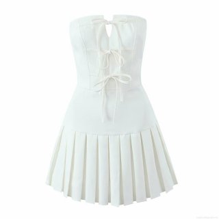 Women's Sexy White Strapless Mini Dress With Bow Tie Front Pleated Bodycon Short Dress Polyester Summer Clubwear Streetwear Party Outfits For Women