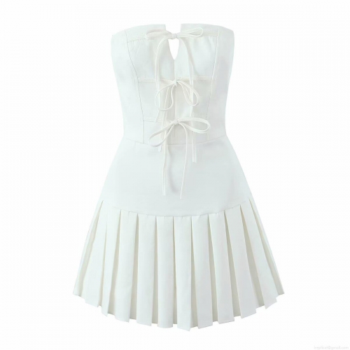 Women's Sexy White Strapless Mini Dress With Bow Tie Front Pleated Bodycon Short Dress Polyester Summer Clubwear Streetwear Party Outfits For Women