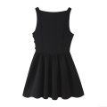 French Style Black Mini Skater Dress For Women Sexy Square Neck Sleeveless A-line Pleated Waist Cinching Polyester Summer Streetwear Chic Party Dress