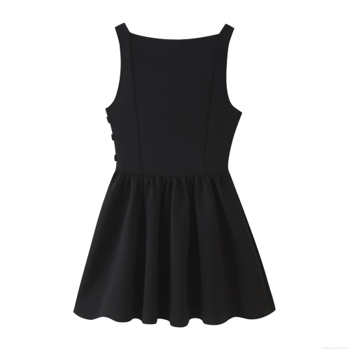 French Style Black Mini Skater Dress For Women Sexy Square Neck Sleeveless A-line Pleated Waist Cinching Polyester Summer Streetwear Chic Party Dress