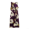 Women's High-End Satin Abstract Floral Sleeveless Midi Dress Elegant Purple Round Neck Party A-Line Dress With Ruched Waist