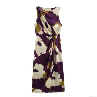 Women's High-End Satin Abstract Floral Sleeveless Midi Dress Elegant Purple Round Neck Party A-Line Dress With Ruched Waist