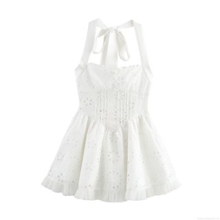 White Halter Neck Polyester Eyelet Embroidery Mini Dress Elegant Hollow Out Sleeveless A-Line Ruffle Hem Bow Tie Back Short Summer Beach Dress