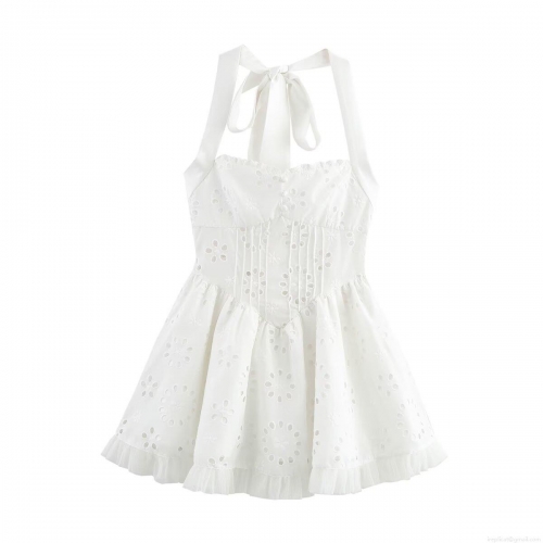 White Halter Neck Polyester Eyelet Embroidery Mini Dress Elegant Hollow Out Sleeveless A-Line Ruffle Hem Bow Tie Back Short Summer Beach Dress