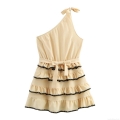 Women's One Shoulder Sleeveless Tiered Mini Dress Summer Slant Neck Bow Tie Cake Skirt With Contrast Trim Elegant Party Cocktail Dress