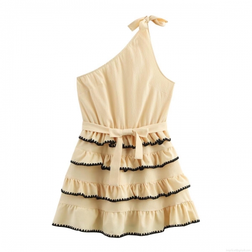 Women's One Shoulder Sleeveless Tiered Mini Dress Summer Slant Neck Bow Tie Cake Skirt With Contrast Trim Elegant Party Cocktail Dress