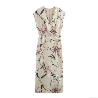 Women's Elegant Floral Print Midi Dress Sleeveless V-Neck Pleated Waist Satin Feel Polyester Summer Casual Party Vacation Dress