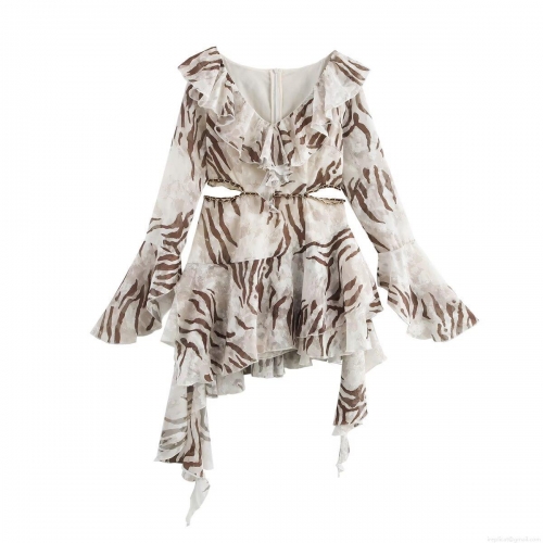 Women's Leopard Print Ruffle Mini Dress V Neck Long Sleeve Chiffon Waist Cut Out Metal Chain Decoration Sexy Streetwear Party Vacation Dress