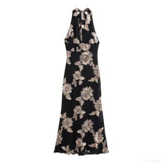 Summer Fashion Women's Halter Neck Maxi Dress With V-Neck Mesh Floral Embroidery Backless Elegant Party Banquet Sleeveless Bodycon Long Dress