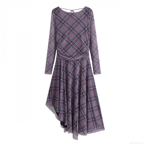 Women Plaid Mesh Pleated Long Sleeve Dress Backless V-Back With Tie Irregular Hem European Fashion Casual Summer Midi Dress