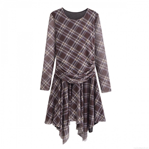Women's 100% Polyester Mesh Brown Plaid Dress Long Sleeve Round Neck Ruched Asymmetric Hem Midi Dress Elegant Retro Streetwear Summer Bodycon Dress
