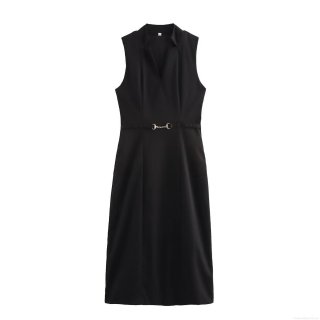 Women's Sexy V-Neck Sleeveless Midi Dress with Golden Horsebit Metal Buckle Waist Slim Fit A-Line Solid Color Summer Streetwear Party Dress