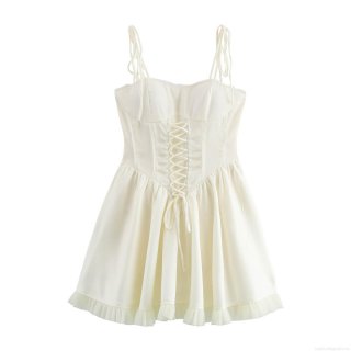 Sexy Corset Lace-Up Mini Dress For Women Satin Mesh Patchwork Lace Strap Dress European Style Summer Sleeveless A-Line Party Clubwear Dress