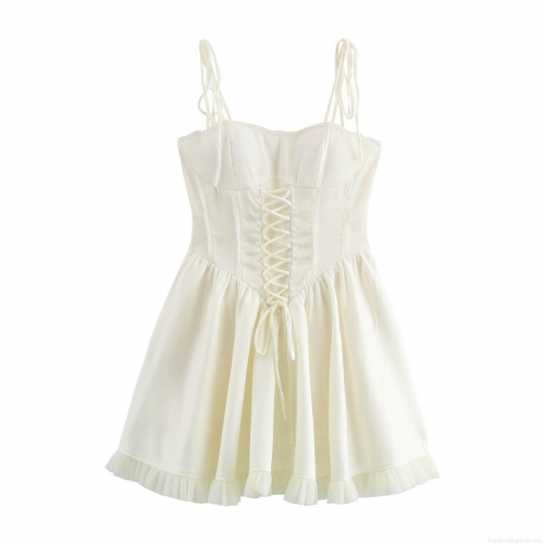 Sexy Corset Lace-Up Mini Dress For Women Satin Mesh Patchwork Lace Strap Dress European Style Summer Sleeveless A-Line Party Clubwear Dress