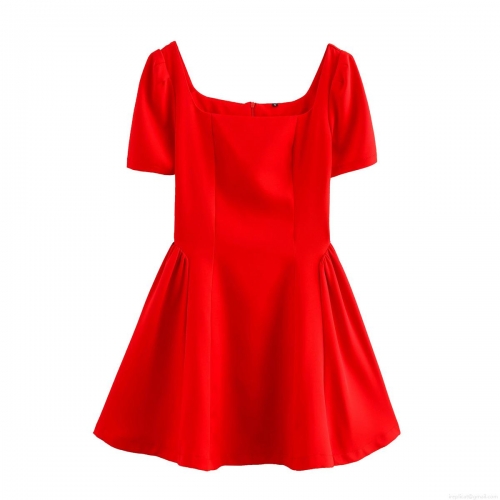 Women's Square Neck Mini Dress 100% Polyester Short Sleeve Solid Color A-Line Ruched Summer Streetwear Party Dress For Ladies