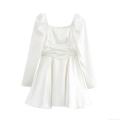 Women's White Satin Long Sleeve Dress Elegant Square Collar Puff Sleeve Ruched Waist A-Line Mini Dress For Cocktail Party Street Style Fashion Chic Gown