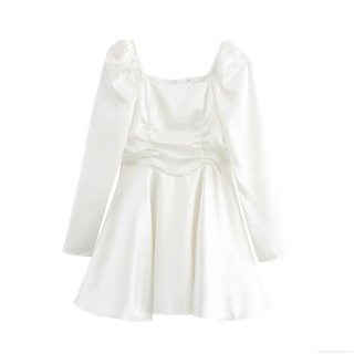 Women's White Satin Long Sleeve Dress Elegant Square Collar Puff Sleeve Ruched Waist A-Line Mini Dress For Cocktail Party Street Style Fashion Chic Gown