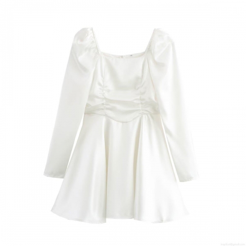 Women's White Satin Long Sleeve Dress Elegant Square Collar Puff Sleeve Ruched Waist A-Line Mini Dress For Cocktail Party Street Style Fashion Chic Gown