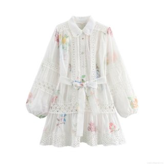 Women's Floral Mini Dress Polyester With Lace Trim Peter Pan Collar Long Sleeve A-Line Dress With Belt For Vacation Daily Street Style Elegant Women Clothing