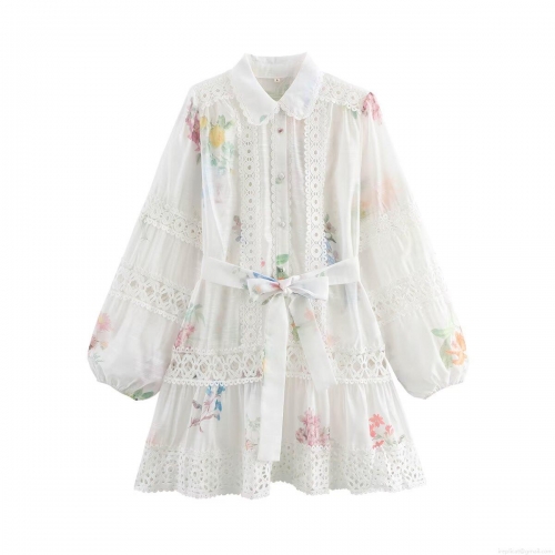 Women's Floral Mini Dress Polyester With Lace Trim Peter Pan Collar Long Sleeve A-Line Dress With Belt For Vacation Daily Street Style Elegant Women Clothing