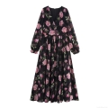 Women's V Neck Long Sleeve Floral Maxi Dress Vintage Rose Print Chiffon High Waist Flowy Party Long Dresses For Ladies