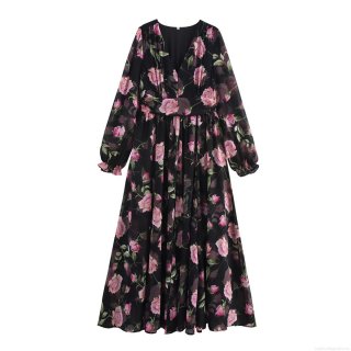 Women's V Neck Long Sleeve Floral Maxi Dress Vintage Rose Print Chiffon High Waist Flowy Party Long Dresses For Ladies
