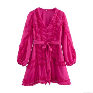 Women Fashion V Neck Ruffle Chiffon Dress With Belt Solid Color Long Sleeve Tiered A-Line Midi Dress For Women Party Daily Streetwear