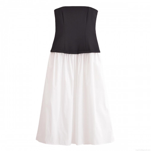 Western Fashion Slim Strapless Patchwork Pleated Midi Dress 100% Polyester Color Block Sleeveless Elegant Party Dress For Women