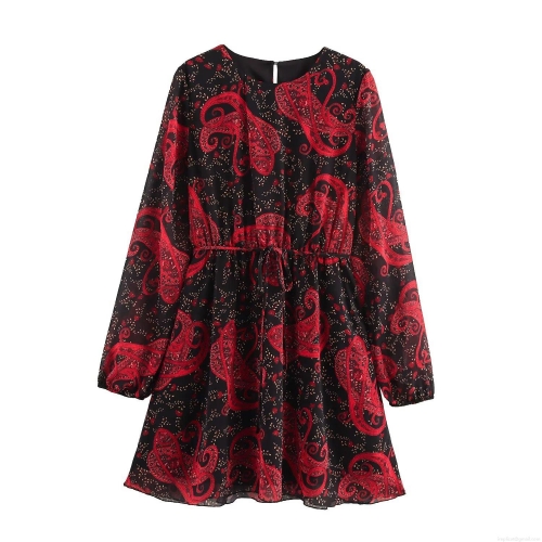 Women Paisley Print Chiffon Long Sleeve Midi Dress With Belt Round Neck A-line Summer Fashion Streetwear Elegant Casual Dresses