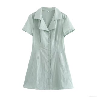 Women Summer Shirt Dress Lapel Short Sleeve Single Breasted Mini A-Line Dress Textured Polyester Breathable Solid Color Casual Streetwear For Ladies