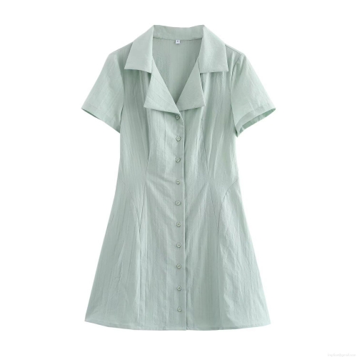Women Summer Shirt Dress Lapel Short Sleeve Single Breasted Mini A-Line Dress Textured Polyester Breathable Solid Color Casual Streetwear For Ladies