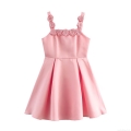 Elegant Pink Satin Camisole Mini Dress With 3D Handmade Rose Decoration A-Line Sleeveless Party Cocktail Dress For Women Summer