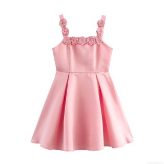 Elegant Pink Satin Camisole Mini Dress With 3D Handmade Rose Decoration A-Line Sleeveless Party Cocktail Dress For Women Summer
