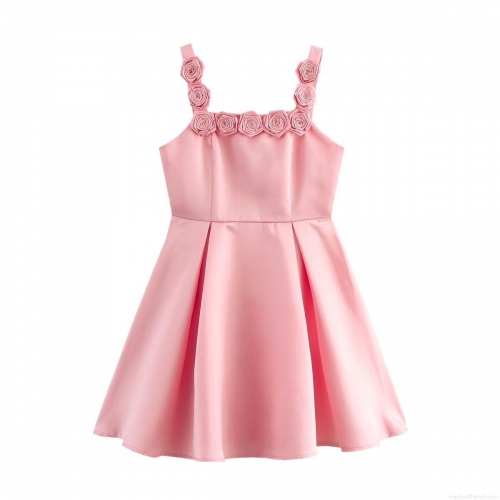 Elegant Pink Satin Camisole Mini Dress With 3D Handmade Rose Decoration A-Line Sleeveless Party Cocktail Dress For Women Summer