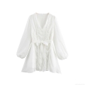 Women's Elegant V-Neck Ruffle Mini Dress 100% Polyester Chiffon Lantern Long Sleeve Single Breasted Bow Tie Waist A-Line White Fashion Party Dress