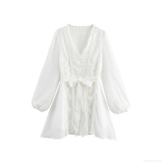 Women's Elegant V-Neck Ruffle Mini Dress 100% Polyester Chiffon Lantern Long Sleeve Single Breasted Bow Tie Waist A-Line White Fashion Party Dress