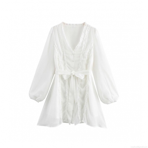 Women's Elegant V-Neck Ruffle Mini Dress 100% Polyester Chiffon Lantern Long Sleeve Single Breasted Bow Tie Waist A-Line White Fashion Party Dress