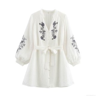 Fashion V-Neck Long Sleeve Floral Embroidery Midi A-Line Dress with Belt 100% Polyester Street Style Casual White Dress for Women Party Vacation
