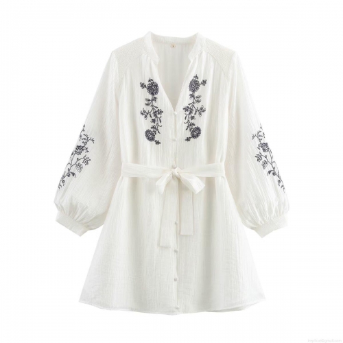 Fashion V-Neck Long Sleeve Floral Embroidery Midi A-Line Dress with Belt 100% Polyester Street Style Casual White Dress for Women Party Vacation