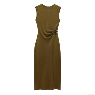 Women's Sleeveless Midi Dress 2025 Summer Fashion Round Neck Waist Cinching Side Buckle Knit Polyester Blend Street Style Slim Fit Solid Color Dress